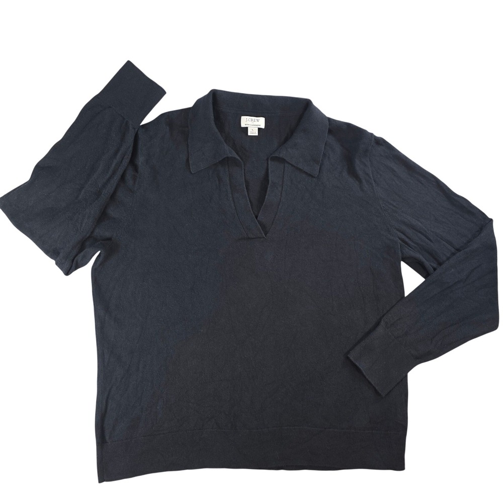 J.Crew Women Large Black Cotton Cashmere Blend Polo V-Neck Sweater Fine Knit‎